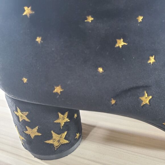 sz 7 Butrich Black Velvet Gold Stars Embroidered Booties Ankle Boots Metallic - Picture 7 of 15